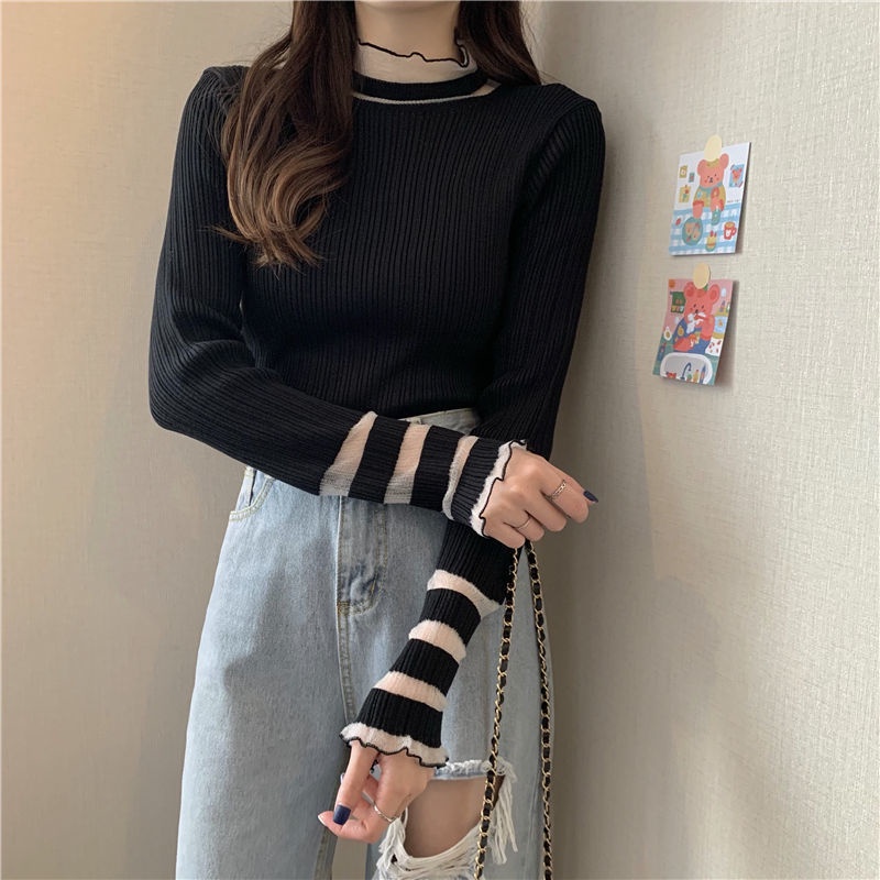 Áo Dệt Kim Phối Ren Lưới Thời Trang Thu Đông Mới Cho Nữ