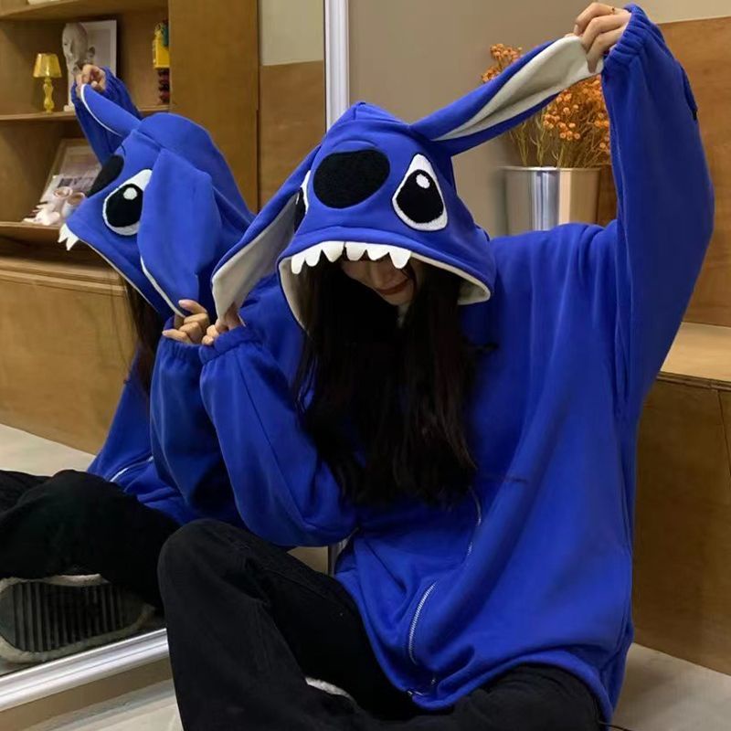 Áo Khoác Cardigan Có Nón Họa Tiết Hoạt Hình Kuromi Stitch Gấu Dâu Tây Lót Lông Cừu Dày Dặn Thời Trang Thu Đông Cho