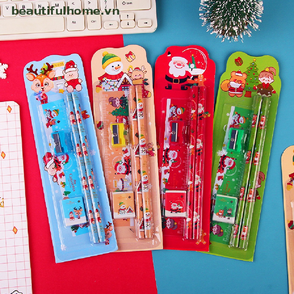 [beautifulhome] 5Pcs/Set Cute Cartoon Stationery Set Christmas Stationery Set Pencil Sharpener Eraser Ruler Set Gift Student Stationery Children's Day Gifts [beauty]