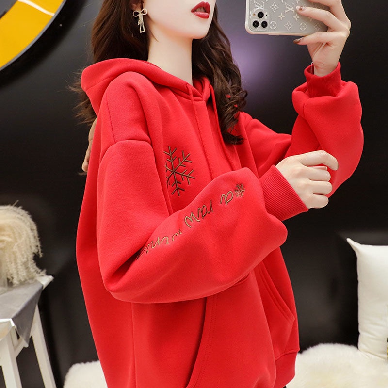👗Trang phục Junyi💗Áo Hoodie Lót Lông Cừu Dày Dặn Màu Đỏ Giáng Sinh Plus Size Cho Nữ