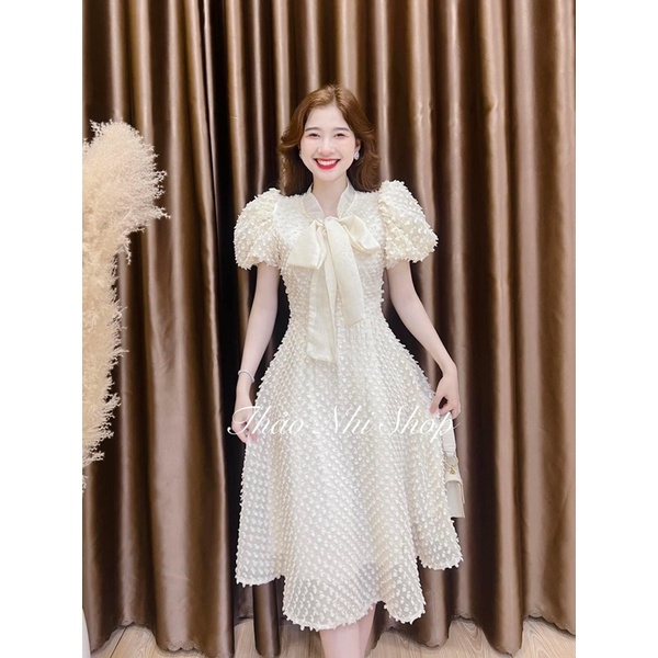 Đầm xoè tay phồng cột cổ nơ chất bi lông siêu xinh