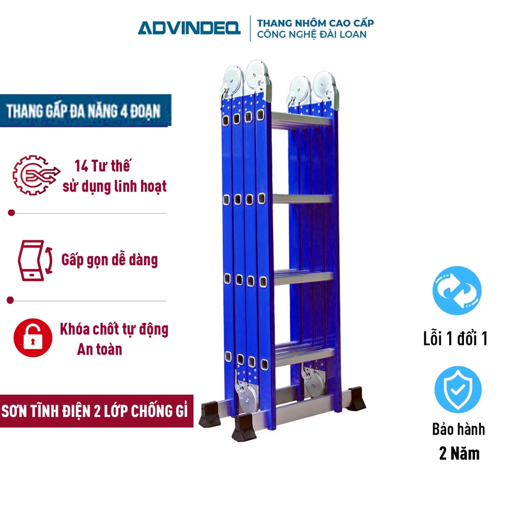 Thang nhôm gấp đa năng 4 đoạn Advindeq ADM104 Blue- xanh -12 tư thế sử dụng đa năng