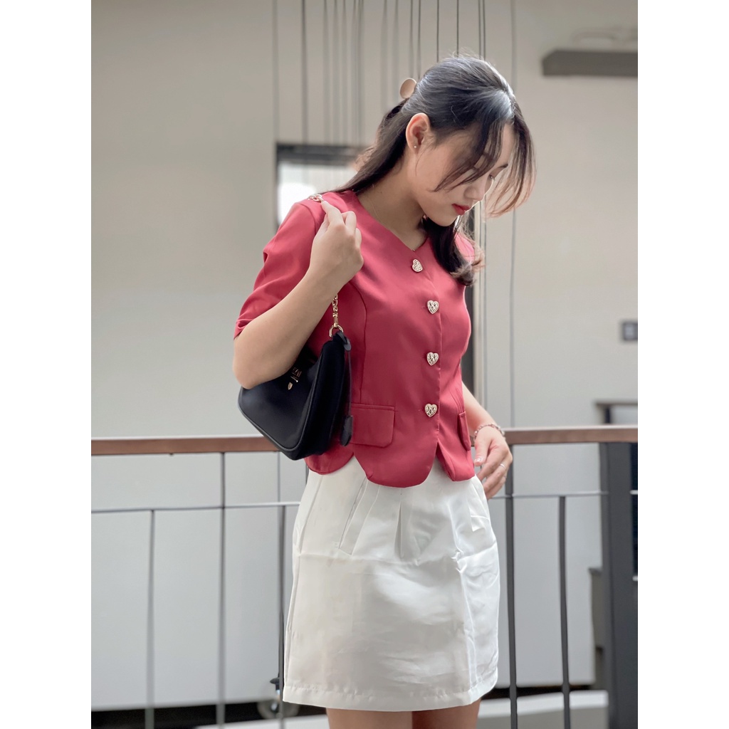 (HÀNG SẴN) Áo sơmi dáng croptop tay lở - Áo Khoác phối nút đồng &amp; túi giả xinh xắn mặc được nhiều kiểu