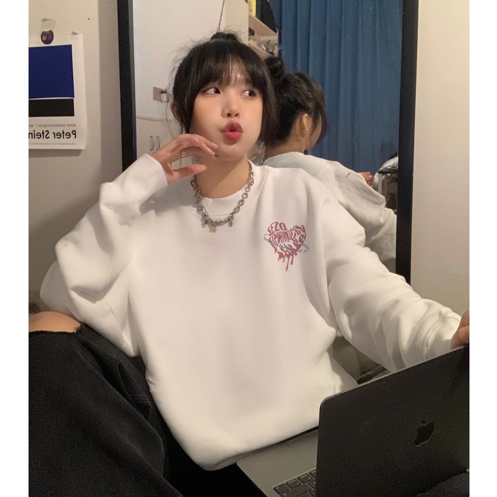 FOCUS Áo nỉ dài tay nữ trắng ulzzang retro thời trang nữ áo khoác unisex 100%cotton