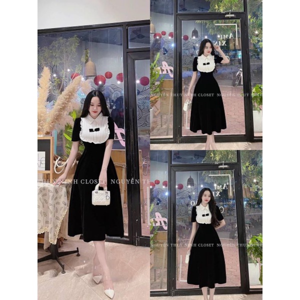 Đầm nhung đen cổ smi xếp ly trắng dễ thương vô bờ bến luôn alohashop91