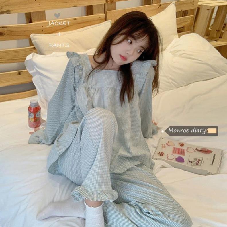 Bộ Đồ Ngủ Tay Dài Phối Bèo Kẻ Sọc Caro Dễ Thương Cho Nữ