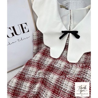 Đầm dạ caro đỏ cổ sen