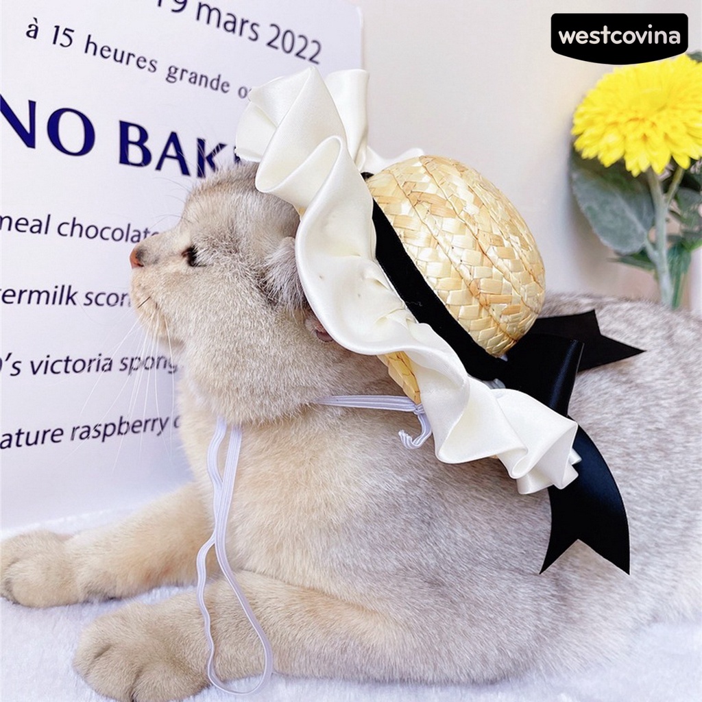 [COD]♘Mũ Cói Che Nắng Đính Nơ Viền Bèo Dễ Thương Thoải Mái Cho Thú Cưng