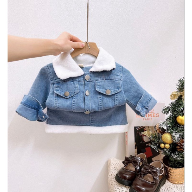 Set áo khoác và chân váy jean phối cổ viền bong tiểu thư bé gái