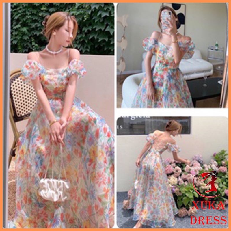 Đầm maxi hoa trễ vai đan lưng chéo cá tính váy nữ xinh đẹp quyến rũ đi tiệc,dạo phố sang trọng