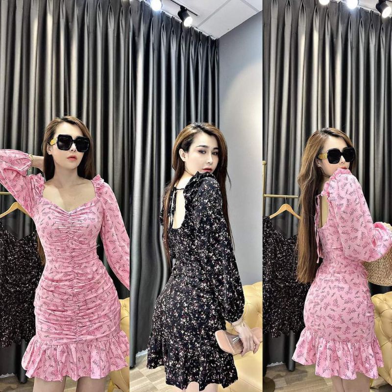 Đầm hoa nhún bèo tay dài