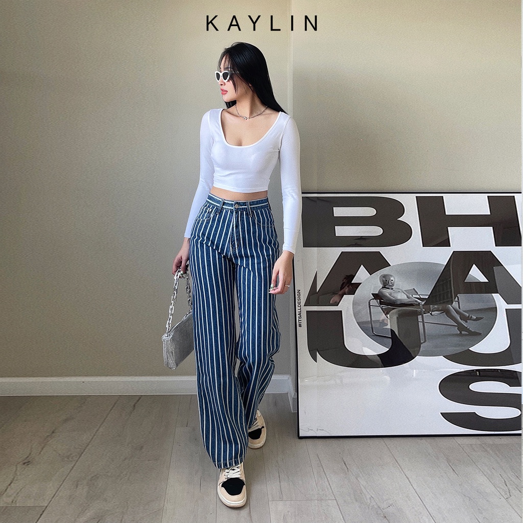 Quần jean nữ suông sọc xanh phong cách KAYLIN - N1732
