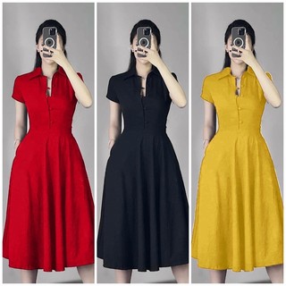 Đầm xoè cổ sơ mi nút sang trọng cao cấp TẶNG KÈM HOA TAI THỜI TRANG