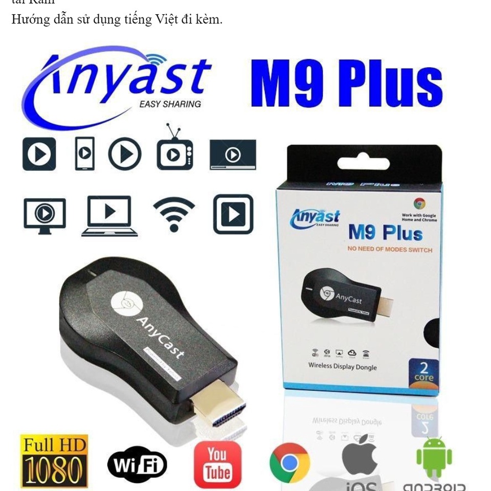 Đầu thu không dây tốc độ kết nối siêu nhanh cao cấp Dongle AnyCast M9 Plus / M2 Plus HDMI 2021