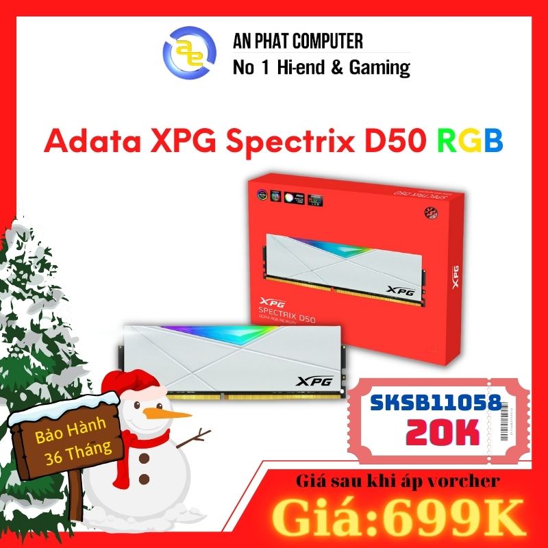 Ram PC Adata DDR4 XPG SPECTRIX D50 RGB 8GB Bus 3200MHz WHITE