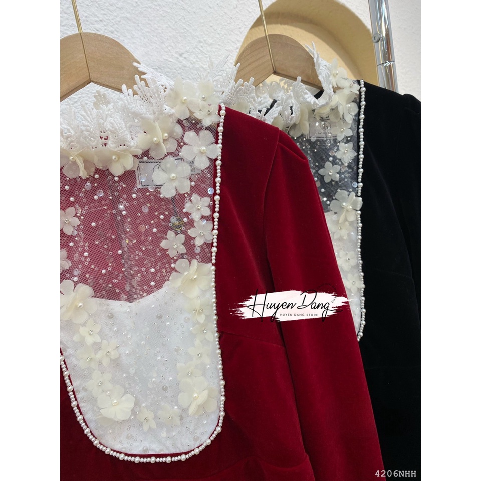 Đầm ngắn Tay dài chữ A phối ren 4206 - đầm thời trang nữ