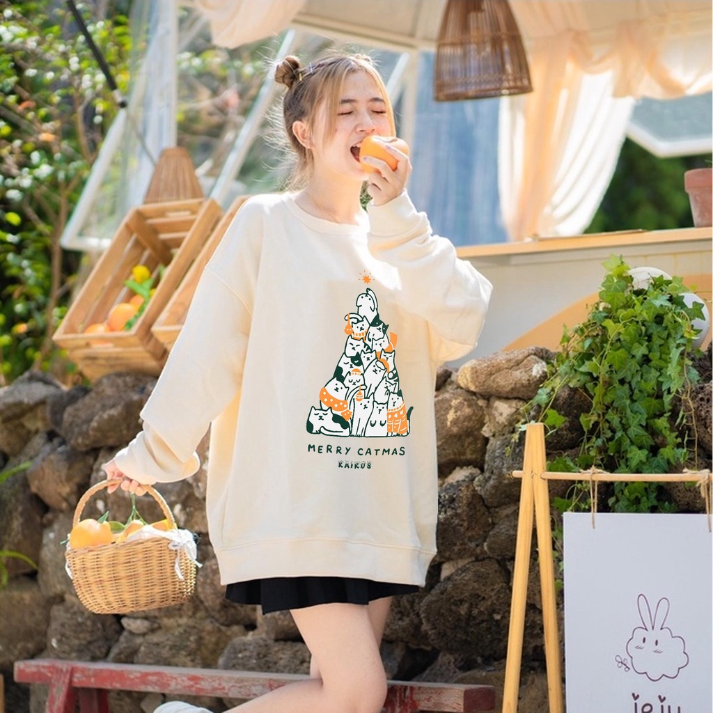 Áo sweater nỉ bông Kairos Merry Catmas form rộng dài tay