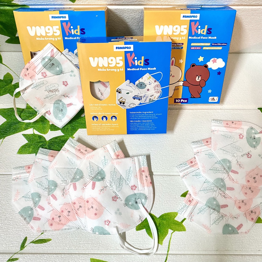 Khẩu trang FAMAPRO VN95 KIDS trẻ em in hình 4 lớp kháng khuẩn 10 cái / hộp