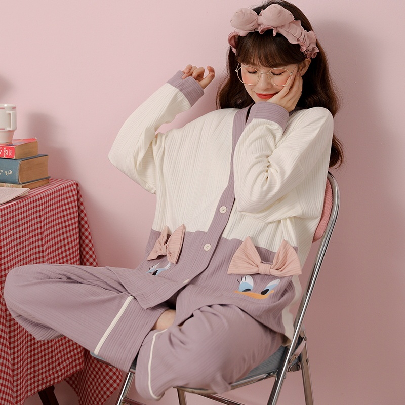 Bộ Đồ Ngủ Tay Dài Cổ Chữ V In Hoạt Hình Phong Cách Kimono Hàn Quốc Thời Trang Xuân Thu 2022