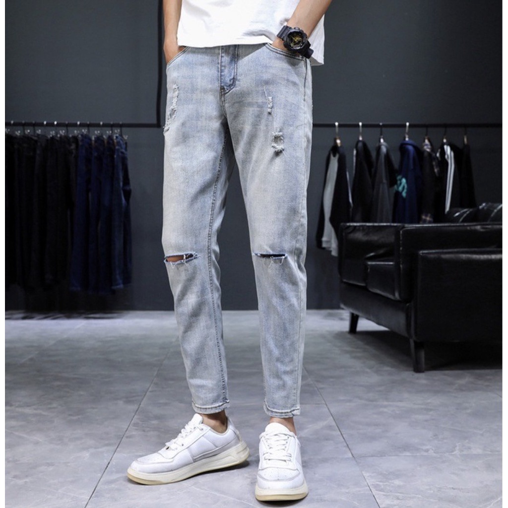 Mua Quần Jean Nam Rách Gối Trơn Chất Bò Cao Cấp Co Dãn Form Dáng Skinny ...