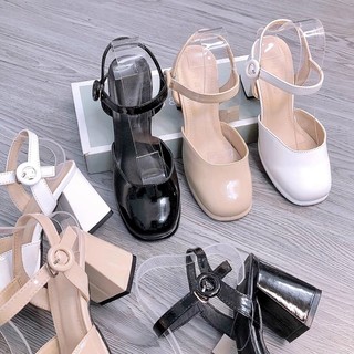 Sandal cao gót bít mũi 7cm, giày cao gót da bóng, giày lolita