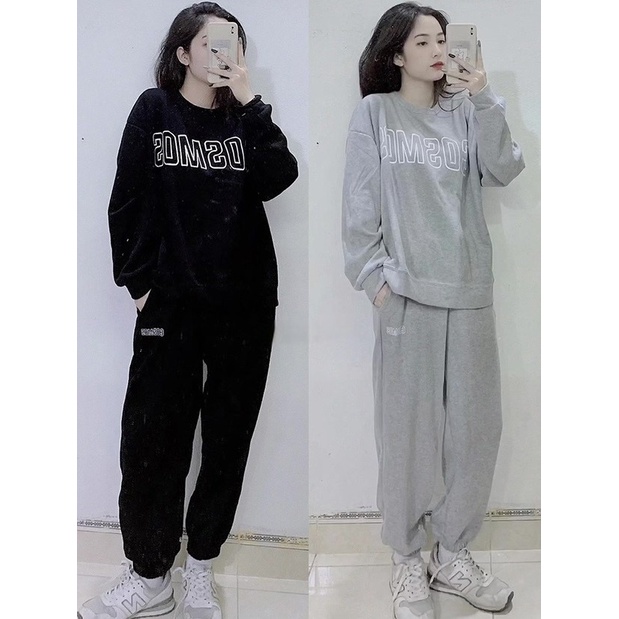Bộ đồ quần ống boom áo dài tay hoodie form rộng nam nữ chất nỉ đen xám be cho nữ SQ035