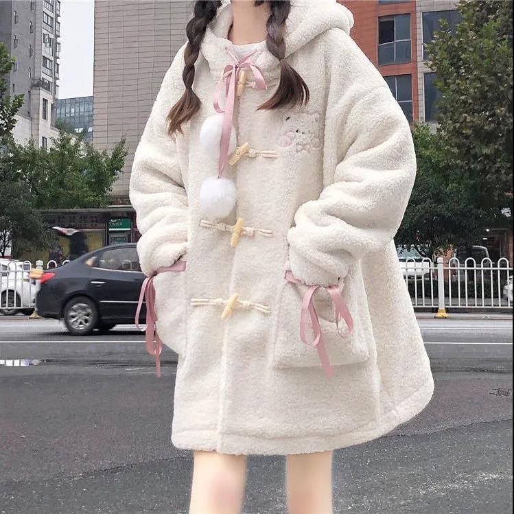 Áo Khoác Tay Dài Dáng Rộng Lót Lông Cừu Dày Dặn Phong Cách lolita Thời Trang Thu Đông Cho Nữ