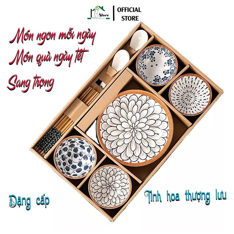 Bộ bát sứ men gốm Nhật Bản quà tặng Tết họa tiết tinh xảo - 4 bát, 4 thìa, 4 đôi đũa, 1 đĩa có hộp cao cấp