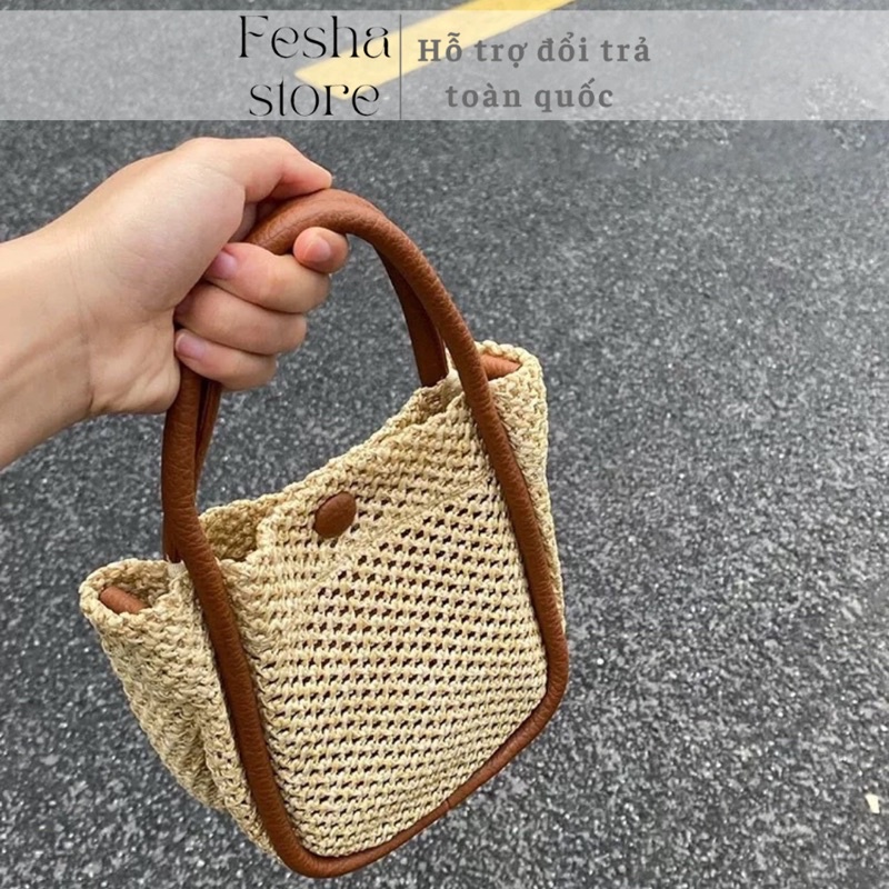 [SẴN] Túi cói đi biển kèm túi da nhỏ bên trong_có nút bấm và dây đeo