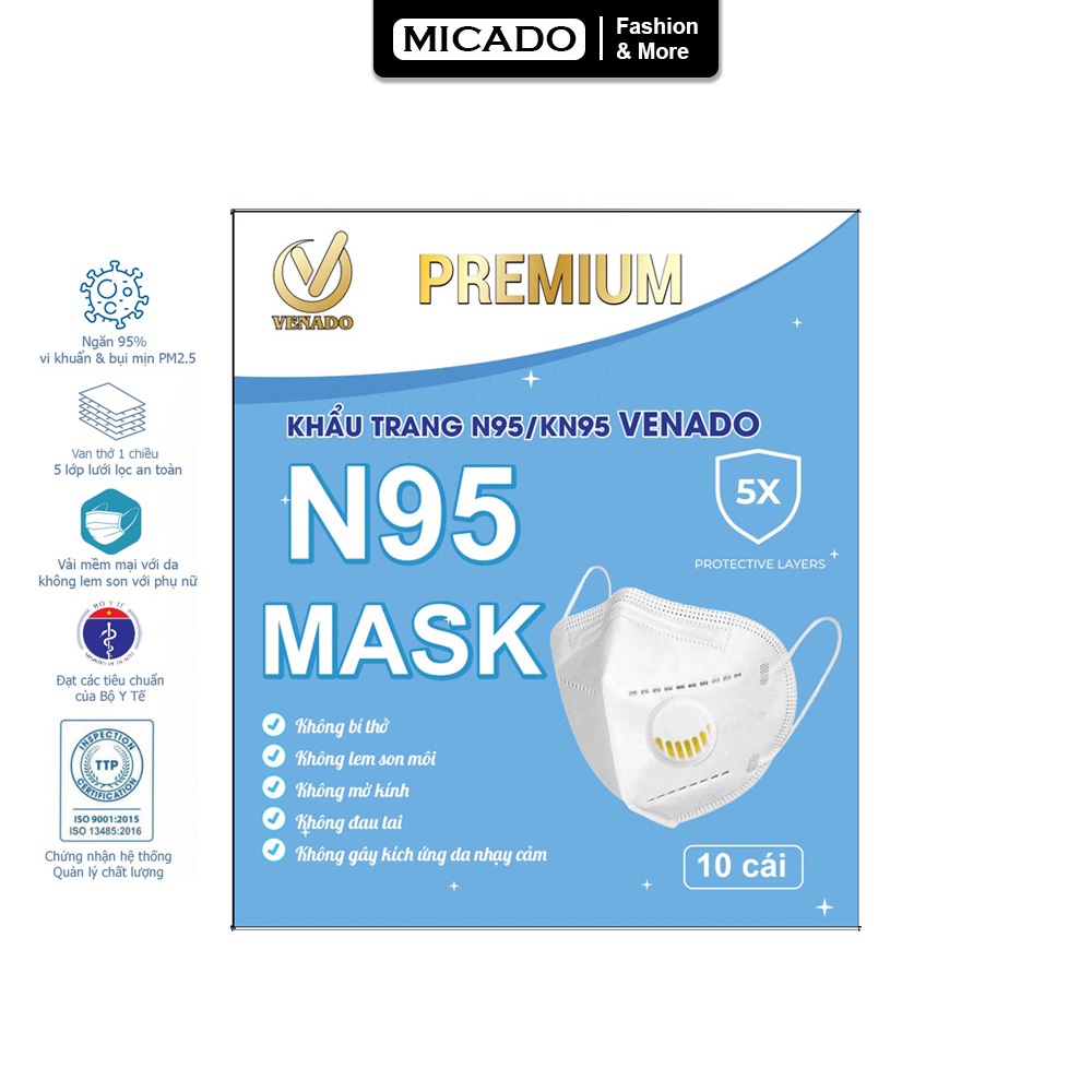 Hộp 10 Khẩu trang chống bụi mịn N95 có loại van thở kẹp mũi kim loại cao cấp Micado