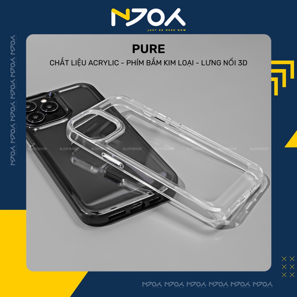 Ốp Lưng Trong Suốt Pure Chất Liệu Acrylic Phím Bấm Kim Loại 3D Chống Ố Vàng Cho Điện Thoại 13 Pro Max 12 Pro Max 11 Njoy
