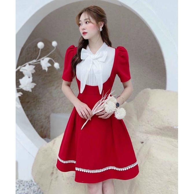 Váy đầm nữ xoè chạy viền ren phối cổ nơ dập ly dễ thương màu đỏ y hình