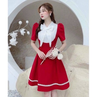 Váy đầm nữ xoè chạy viền ren phối cổ nơ dập ly dễ thương màu đỏ y hình