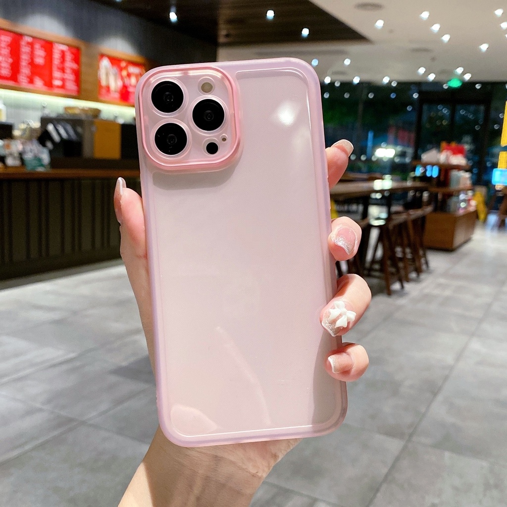 Ốp Điện Thoại PC Silicone Mềm Trong Suốt Màu Sắc Đơn Giản Bảo Vệ Ống Kính Máy Ảnh Cho iPhone 14 13 12 11 Pro Max 14Plus