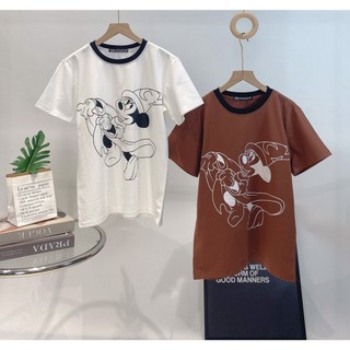 Áo thun nữ ngắn tay cổ tròn in hình Mickey 2 màu trắng và nâu chất cotton 100%
