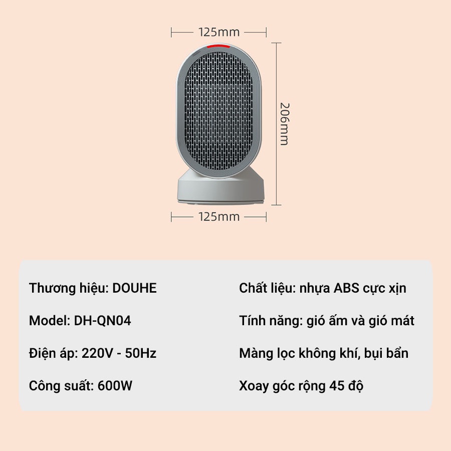 Quạt sưởi Xiaomi DOUHE DH-QN04, máy sưởi gốm Xiaomi công suất 600W, 2 chế độ nóng, mát, quay chuyển hướng 45 độ