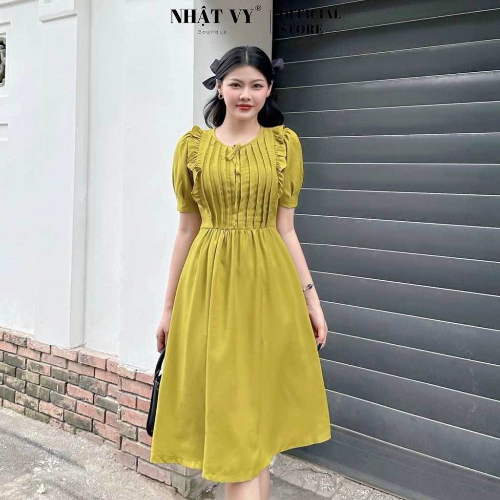Đầm đi chơi Nhật Vy cổ tròn viền bèo xếp ly ngực thắt nơ kèm dây eo chất cotton lụa gân phù hợp công sở dạo phố - D2586