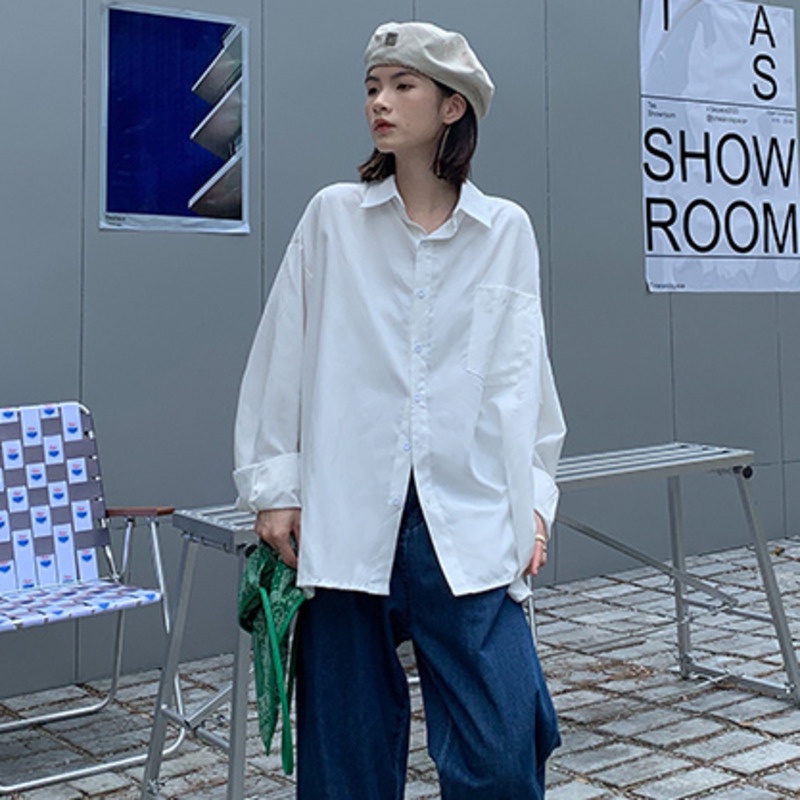 Áo Sơ Mi Tay Dài Màu Trơn Đơn Giản Thời Trang Hàn Quốc Dành Cho Nữ