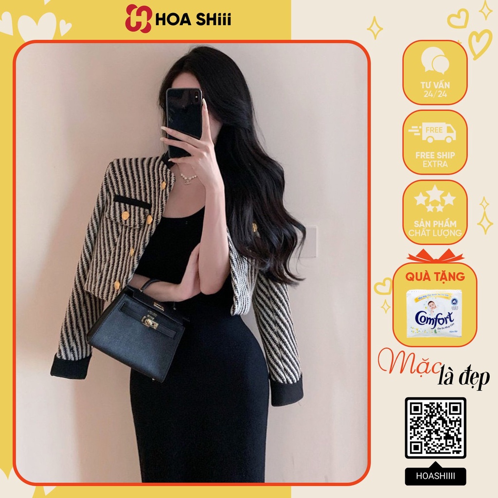 Áo Dạ Tweed Kẻ khuy vàng Cổ Tàu Tay Phối Trắng Hàng 2 Lớp Đệm Vai hàng loại 1 siêu đẹp