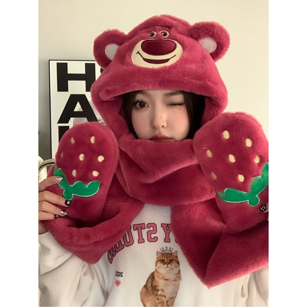 Dâu tây gấu mùa đông mũ khăn quàng cổ găng tay