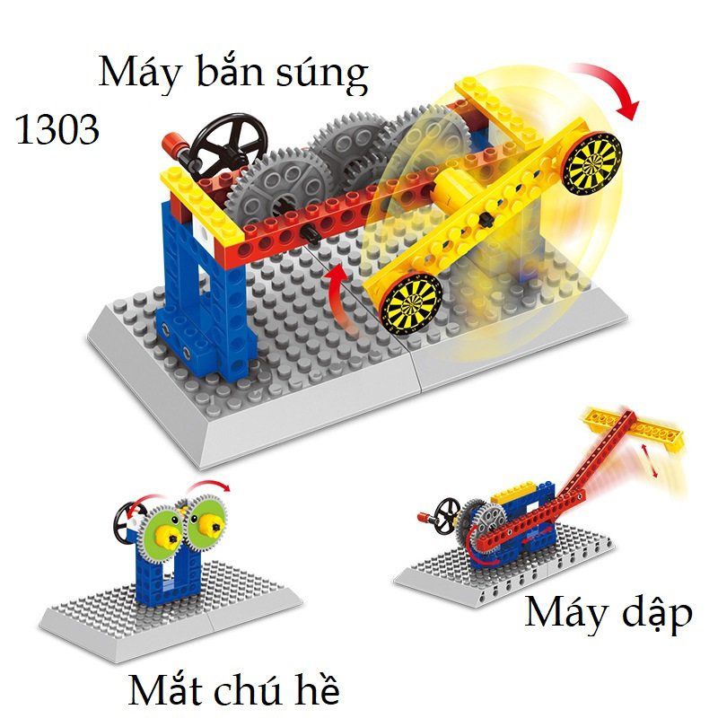Bộ đồ chơi lắp ráp mô hình động cơ 3 in 1: Mô hình máy bắn súng , máy dập, mắt chú hề