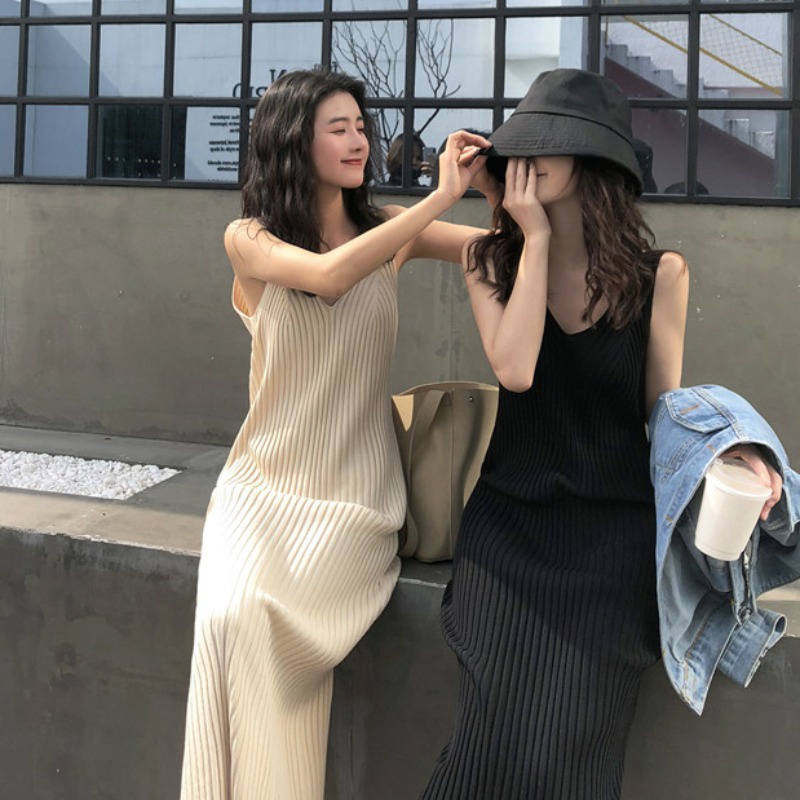 PunkyRabbit Đầm Nữ Không Tay Màu Tinh Khiết Cổ V Sườn Đan Thoáng Khí Thời Trang Cho Quý Cô