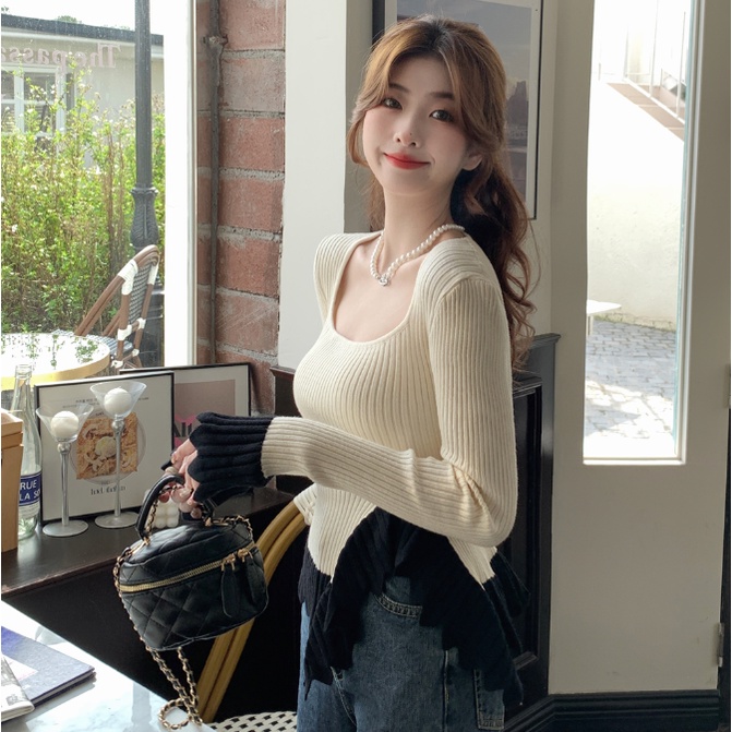 Áo Sweater Dệt Kim Tay Dài Cổ Vuông Phối Bèo Dễ Thương Cho Nữ