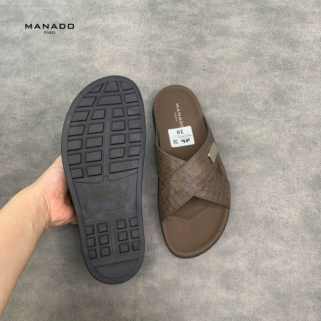 Dép da nam quai chéo cao cấp Manado Mã MND10 màu nâu fullbox, quai da mềm mại, đế cao su thiết kế chắc chắn