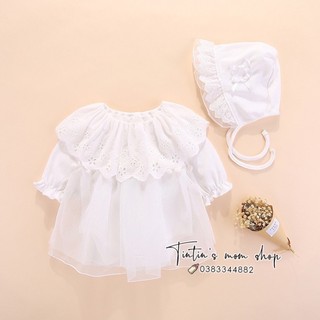 Sét Váy Body Cổ Bèo Thêu Hoa Đầy Tháng/ Thôi Nôi Cho Bé Gái (Kèm Mũ Bèo Tiểu Thư)