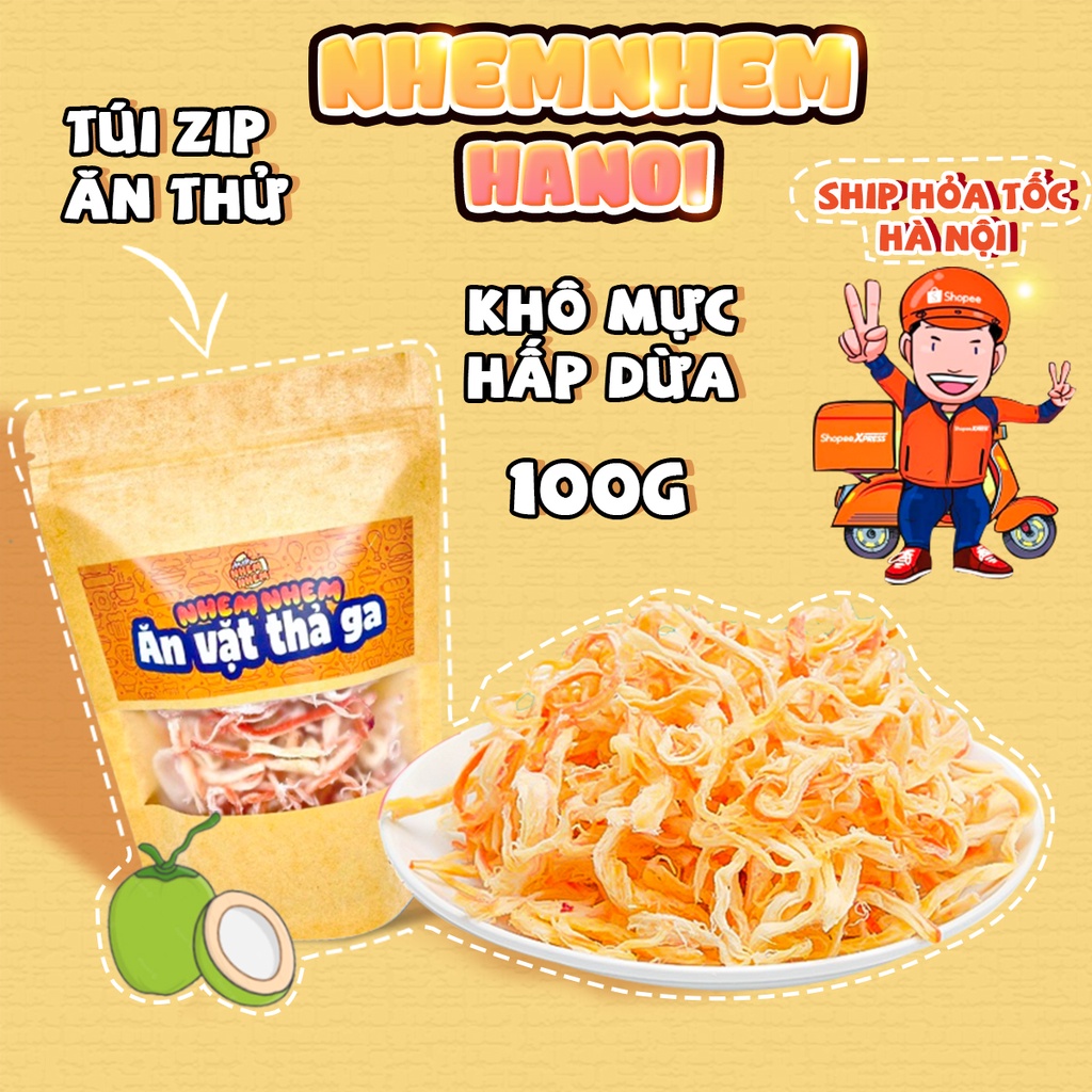 Khô mực hấp nước dừa xé sợi 100g Nhem Nhem đồ ăn vặt Hà Nội vừa rẻ vừa ngon
