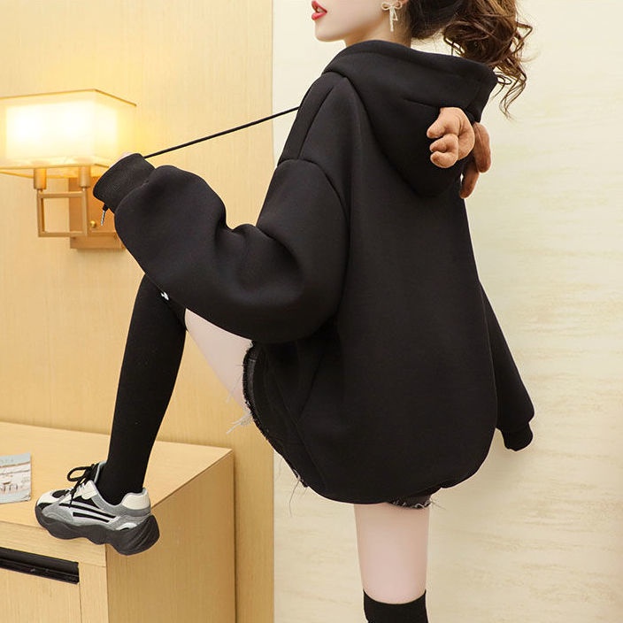 👗Trang phục Junyi💗Áo Hoodie Lót Lông Cừu Dày Dặn Màu Đỏ Giáng Sinh Plus Size Cho Nữ