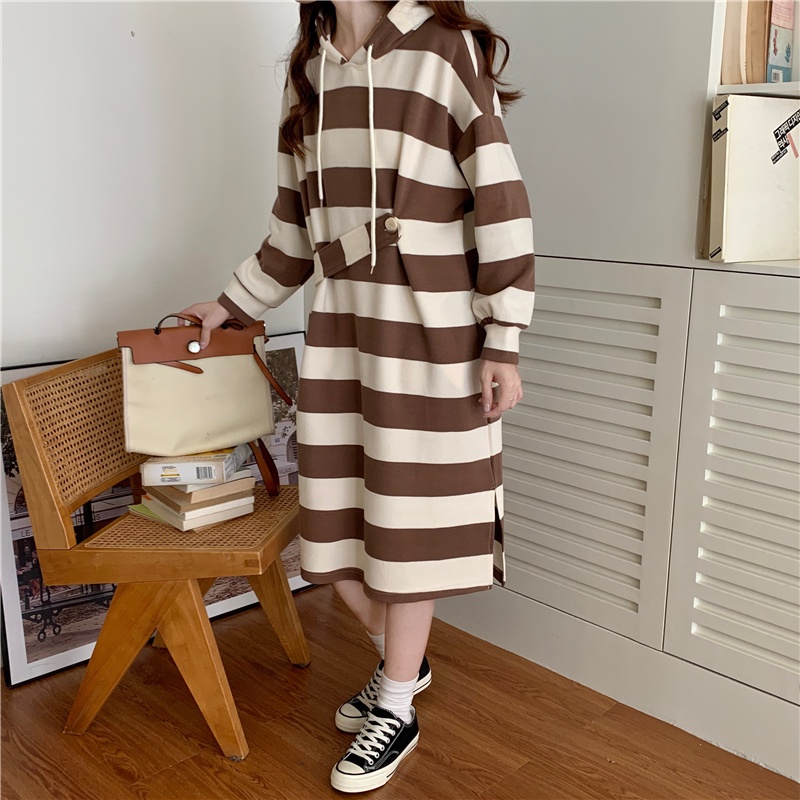 Đầm Hoodie Dáng Rộng Kẻ Sọc Phối Túi Thời Trang Mùa Thu Hàn Quốc Cho Nữ