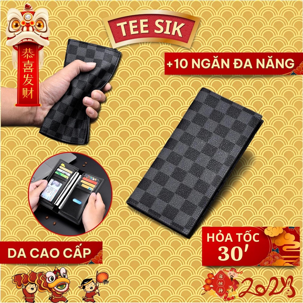 Ví dài nam nữ cao cấp TEE SIK ví đựng tiền thẻ giấy tờ sọc caro cầm tay unisex da PU bền bỉ siêu mỏng nhẹ V03
