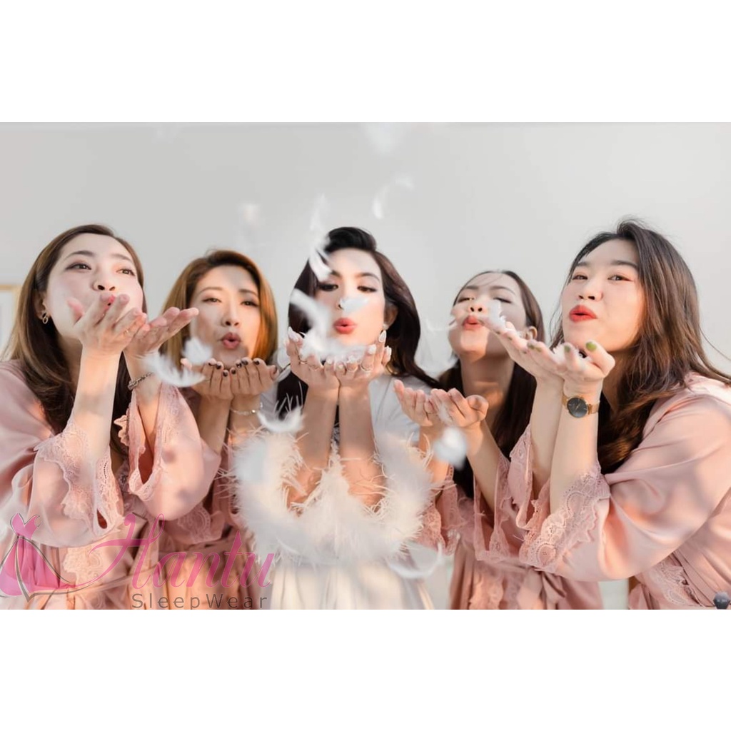 Áo choàng cô dâu ,Áo choàng ngủ dáng Kimono phối lông vũ chụp phóng sự cưới sang trọng Hantu Sleepwear